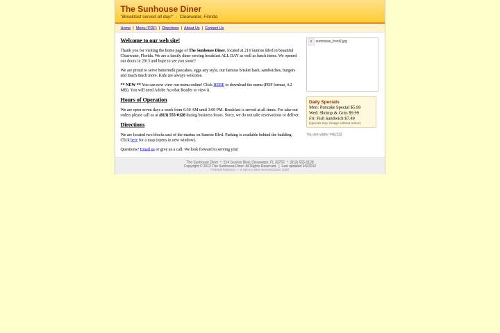 The Sunhouse Diner's demonstration 'before' page — a 2012-era yellow site with a broken image and a PDF menu link