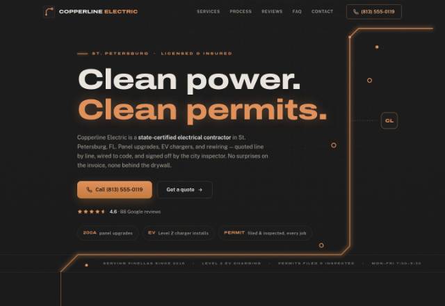 Dark charcoal electrician hero with the headline 'Clean power. Clean permits.' in white and copper, traversed by a glowing copper circuit trace that routes around the text like a PCB run.