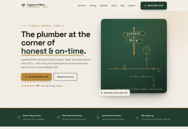 Cream split-layout hero for a Tampa plumbing company: a deep-green illustrated card with a brass-trimmed street-corner sign reading Cypress and Main above a brass line-art pipe schematic with gate valve and pressure gauge.