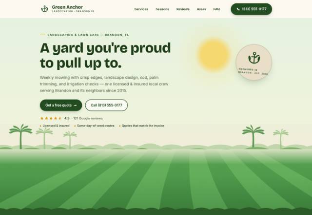 Daytime landscaping hero: curved light-and-dark mow stripes sweeping toward layered hedge rows and palm silhouettes under a soft sun, with an 'Anchored in Brandon' badge and bold deep-green headline type.
