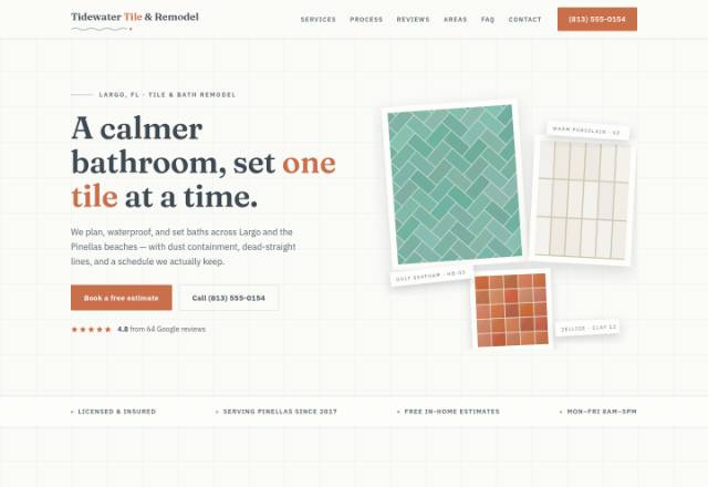 Editorial porcelain-white hero with a serif headline and three layered tile sample boards: seafoam herringbone, warm-white stacked subway, and a terracotta zellige swatch with paper sample tags.